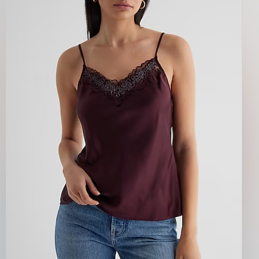 EXPRESS: Satin Beaded Lace Trim V-Neck Downtown Cami